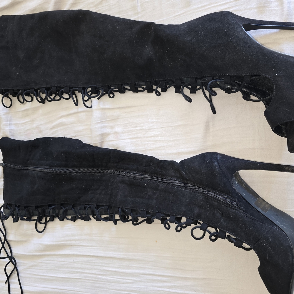Black Over the Knee Boots with Fringe Detail